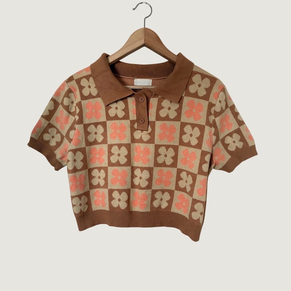Altard State Brown Floral Fall Checkered Knit Polo Short Sleeve Crop Sweater L